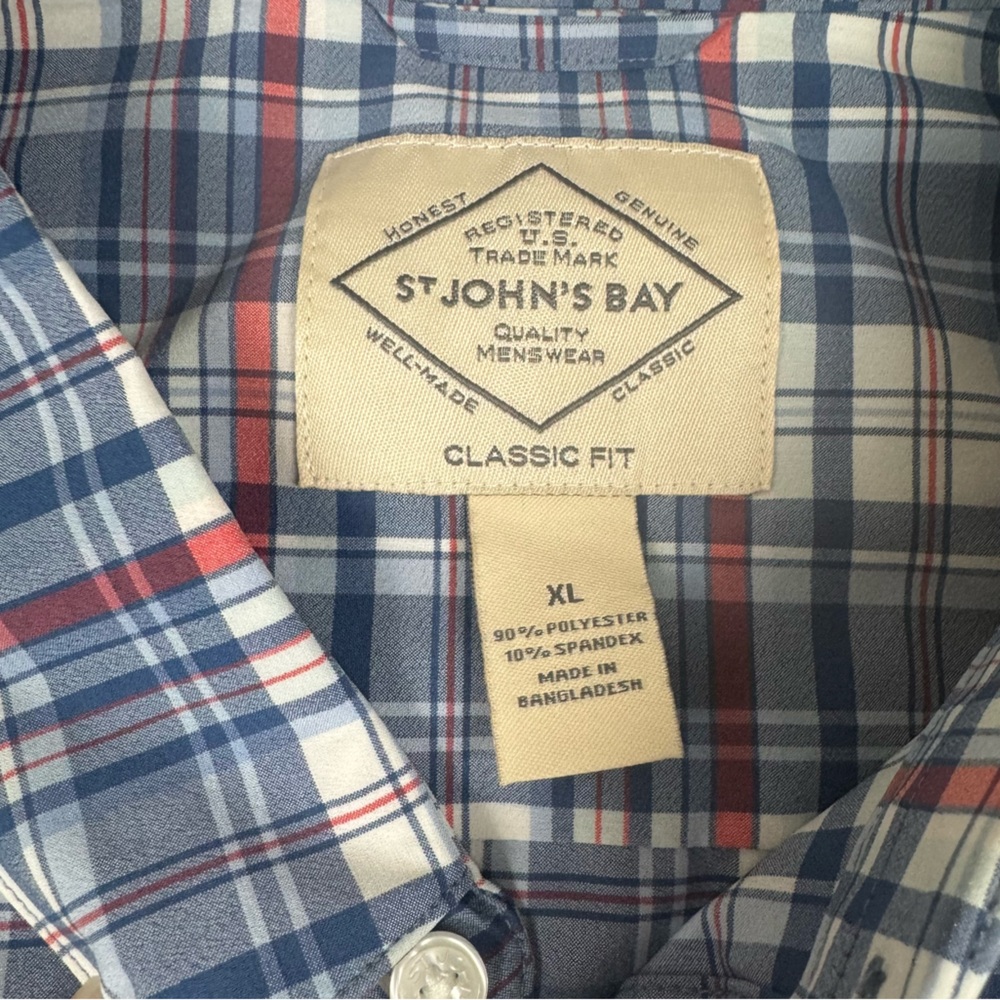 NWT St. John's Bay Quick- Dri Blue Plaid Button Down Long Sleeve Shirt Men’s XL